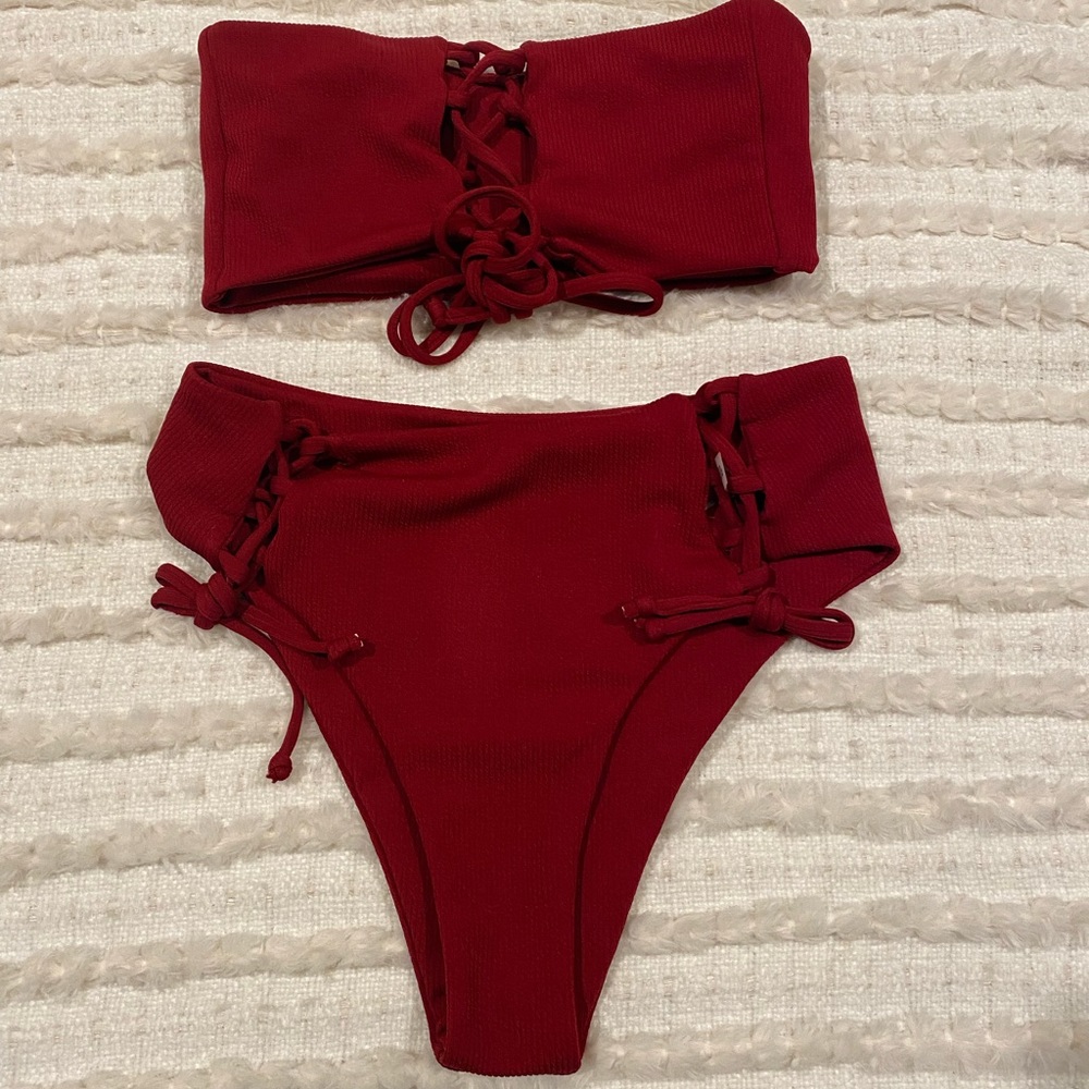 Zaful Deep Red Reversible Bandeau Bikini Set